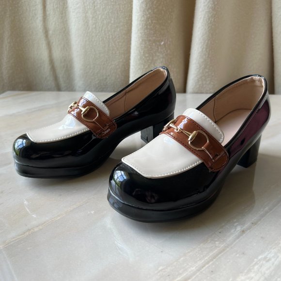 Block platform patent leather heels in black, brown and ivory size 7 gold accent - Picture 2 of 8